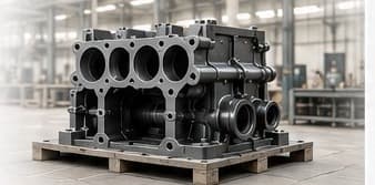 Bloque motor de fundición sobre un palet en el taller