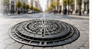 Tapa de alcantarilla de fundición sobre un pavimento empedrado